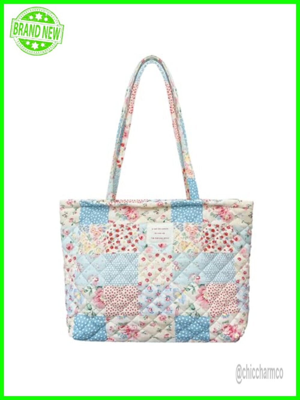 Quilted Cotton Floral Tote Bag with Zipper Closure for Women